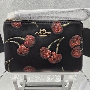 Coach Corner Zip Wristlet In Sequined Cherry Print Black Smooth Leather